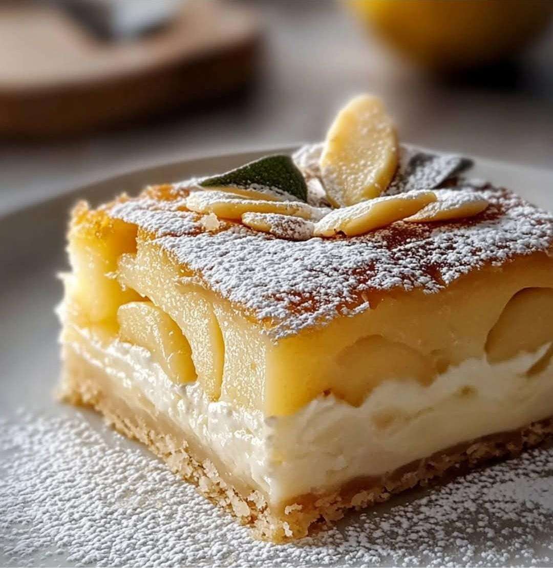 Un gâteau doré au yaourt, garni de poires juteuses et parsemé d’amandes, idéal pour une pause gourmande.