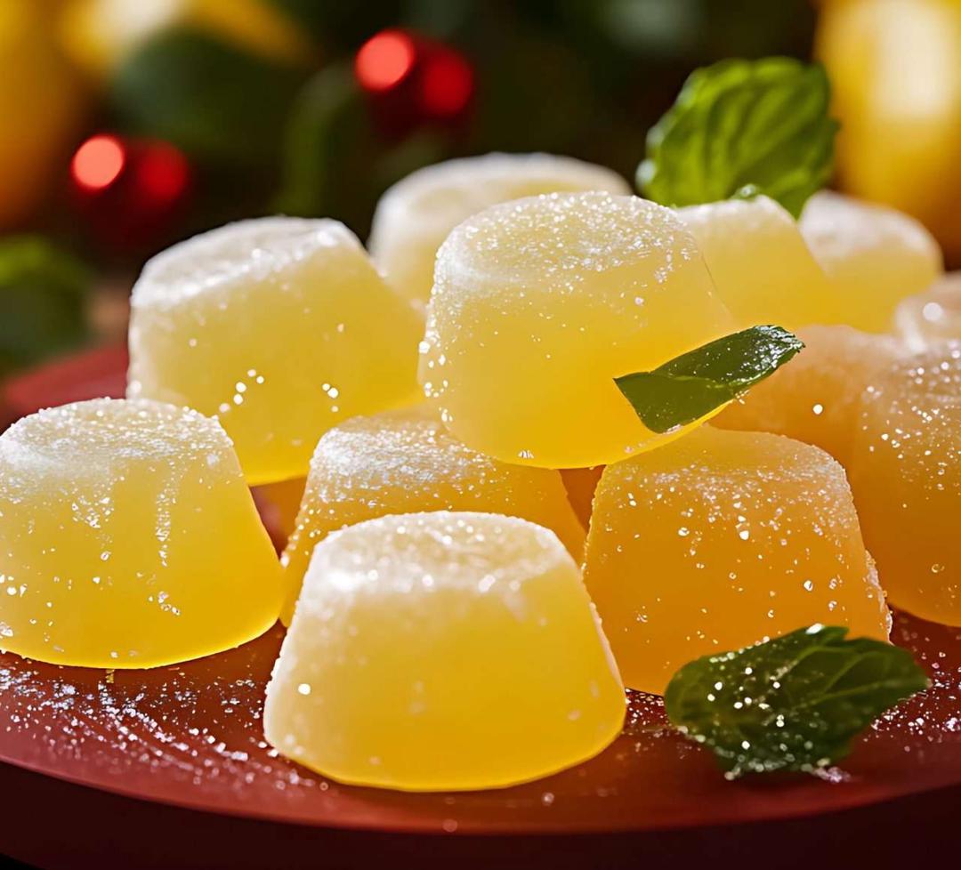 Des bonbons au citron maison, brillants et roulés dans du sucre, disposés élégamment sur une assiette festive.