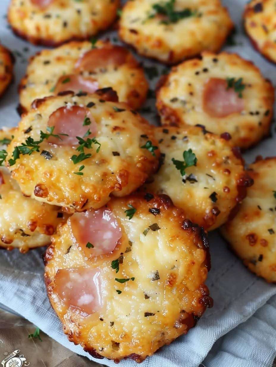 Des cookies dorés et croustillants, garnis de jambon et de fromage, disposés sur une assiette pour un apéritif convivial.