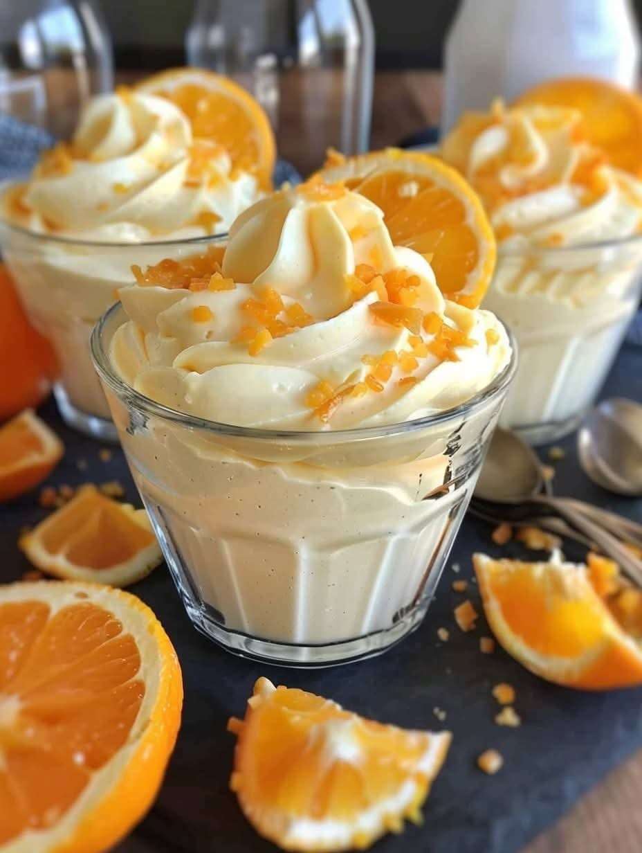 Une verrine de mousse aux clémentines, ornée de zestes de clémentines et servie avec une cuillère élégante.