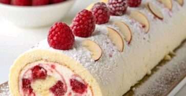 Une bûche roulée au mascarpone et aux framboises, décorée de fruits frais et de sucre glace, sur un plat festif.