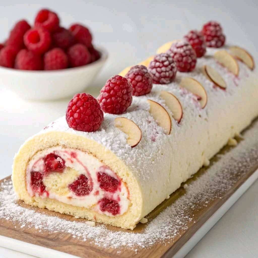 Une bûche roulée au mascarpone et aux framboises, décorée de fruits frais et de sucre glace, sur un plat festif.