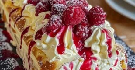 Bûche au Mascarpone et à la Framboise avec Décoration de Framboises et Feuilles de Menthe