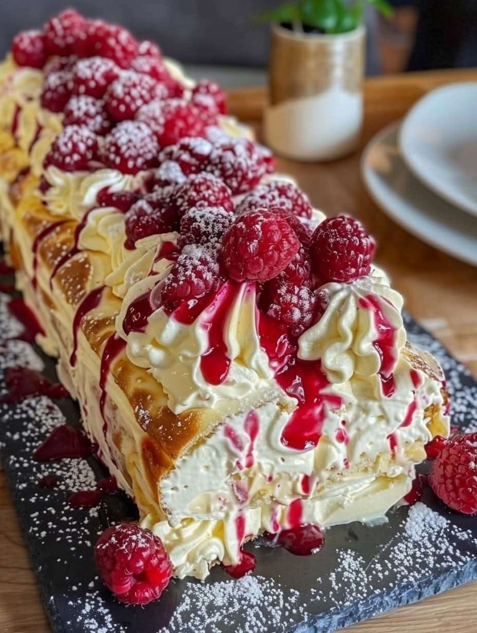 Bûche au Mascarpone et à la Framboise avec Décoration de Framboises et Feuilles de Menthe