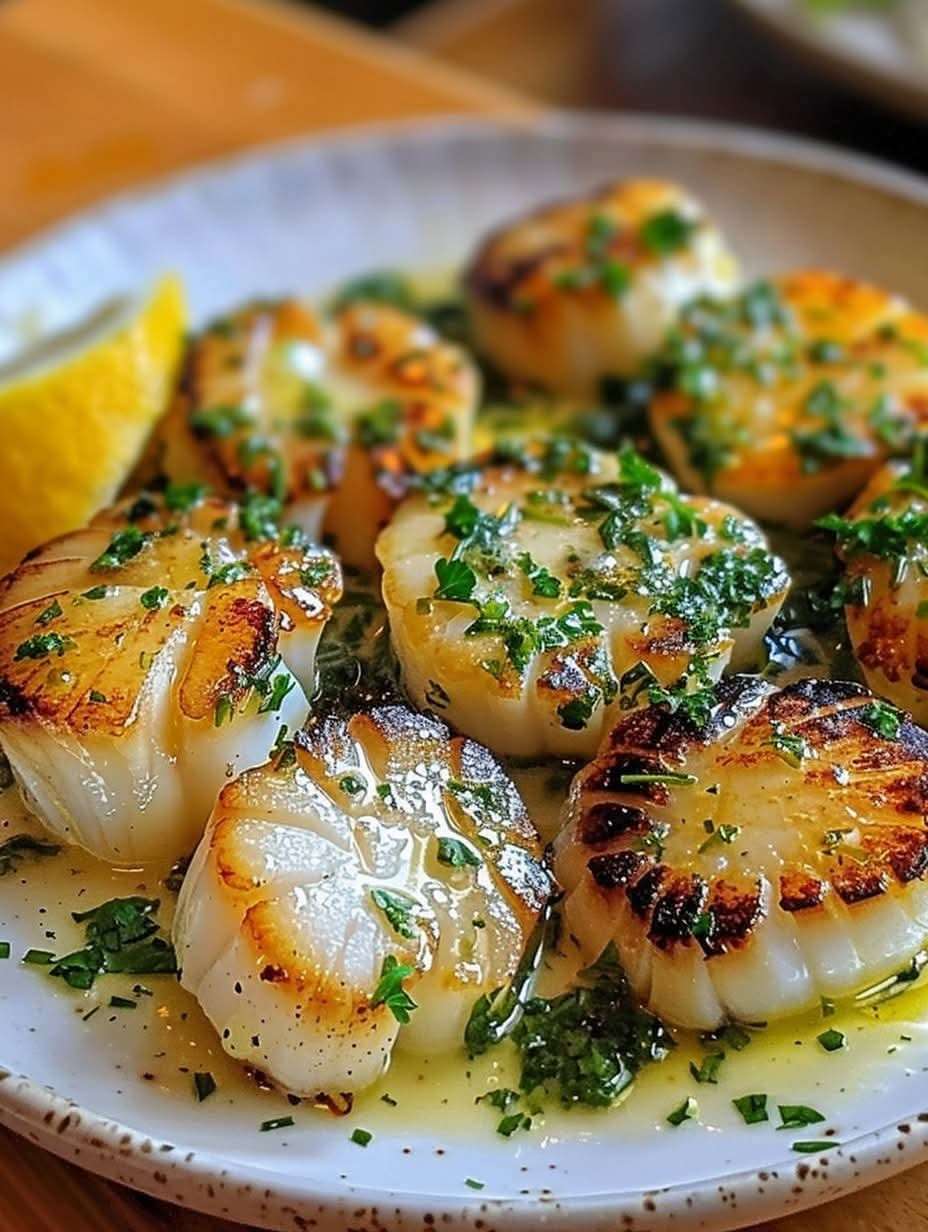 Coquilles Saint-Jacques au beurre d'ail et persil avec quartiers de citron