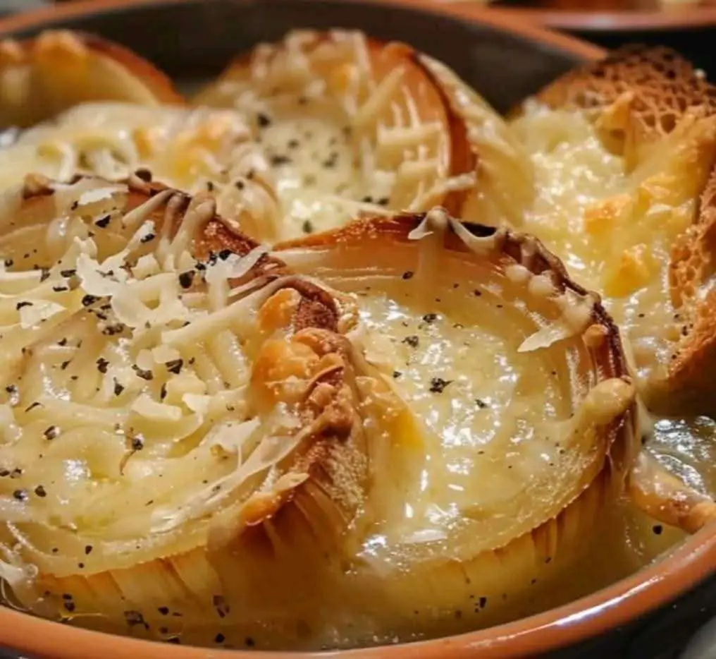 Soupe à l’Oignon dorée et gratinée avec pain et fromage fondu