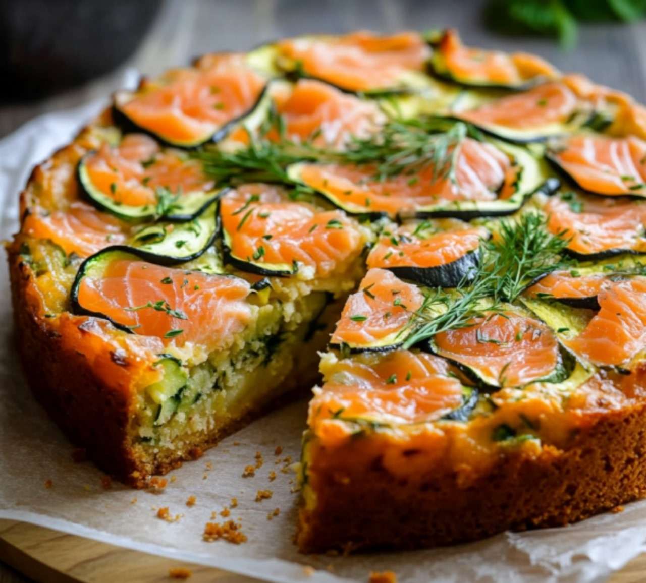 Cake au saumon fumé et courgettes tranché, avec une texture dorée et moelleuse