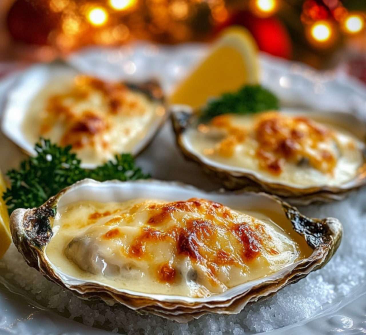 Huîtres gratinées au four dorées et garnies de persil, accompagnées de quartiers de citron