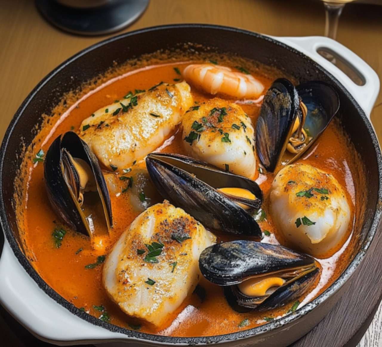 Marmite de la mer servie avec une sauce rouille et des croûtons dorés