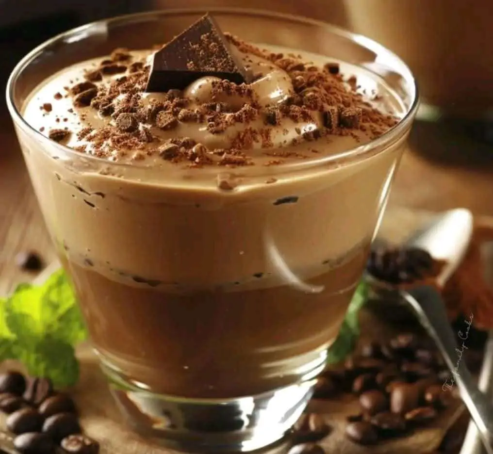 Verrine de mousse au café avec cacao saupoudré et grains de café décoratifs