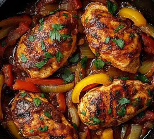 Plat de poulet aux poivrons, oignons et tomates dans une poêle, servi avec du riz