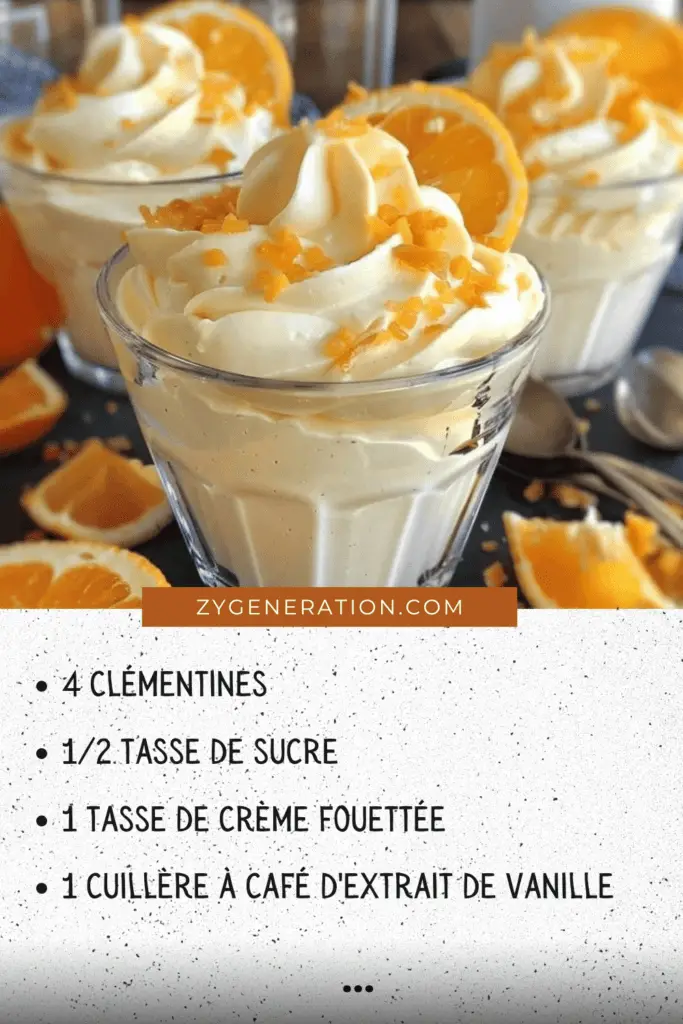 Une verrine de mousse aux clémentines, ornée de zestes de clémentines et servie avec une cuillère élégante.