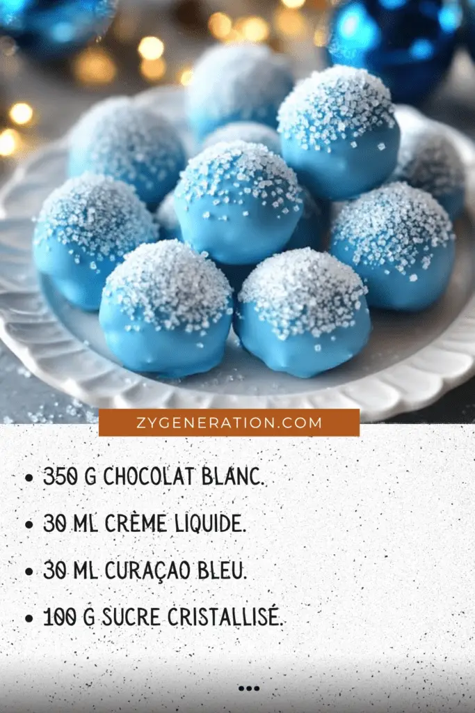 Des truffes bleues scintillantes, roulées dans du sucre cristallisé, placées sur un plateau élégant pour une présentation festive.