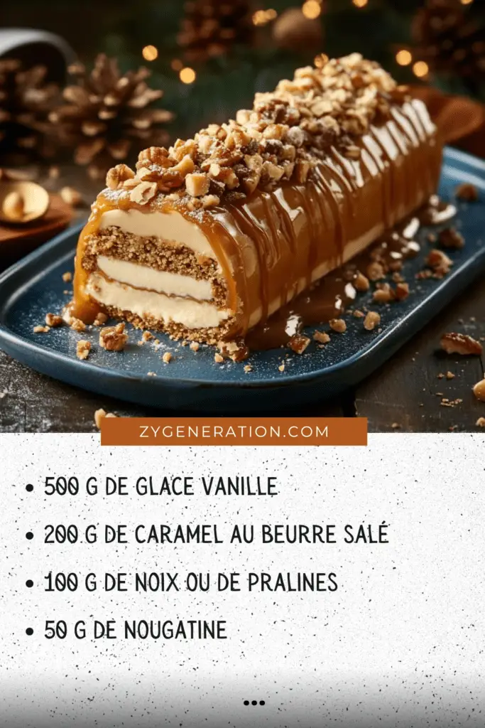 Bûche glacée au caramel beurre salé, décorée de filets de caramel et de morceaux de nougatine, servie sur un plat blanc élégant.