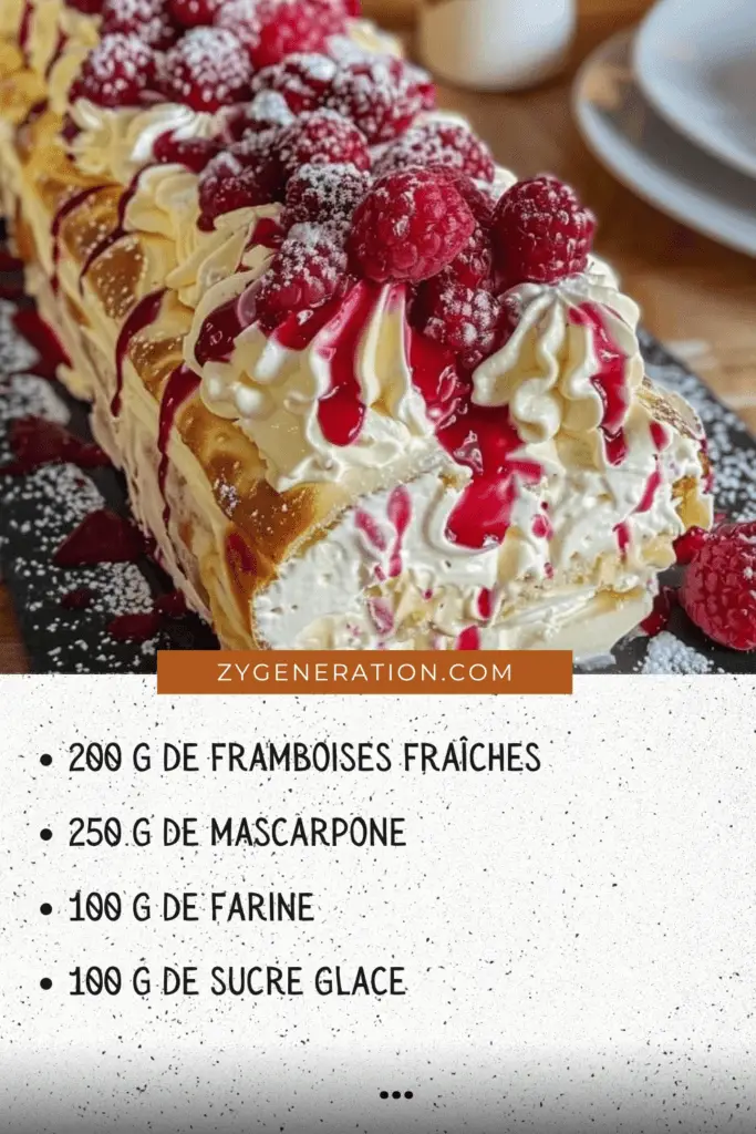 Bûche au Mascarpone et à la Framboise avec Décoration de Framboises et Feuilles de Menthe