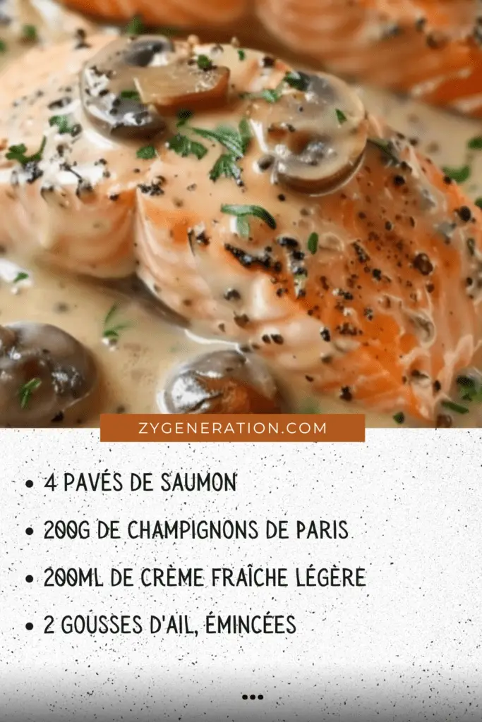 Pavés de saumon à la crème et aux champignons, servis avec une sauce onctueuse et des accompagnements savoureux.