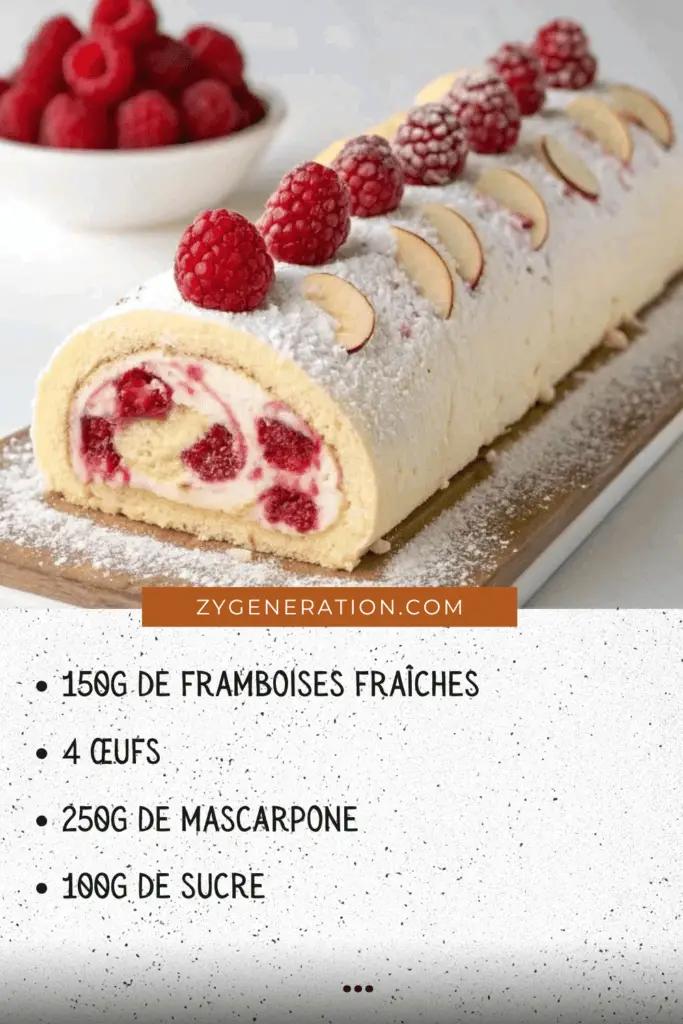 Une bûche roulée au mascarpone et aux framboises, décorée de fruits frais et de sucre glace, sur un plat festif.

