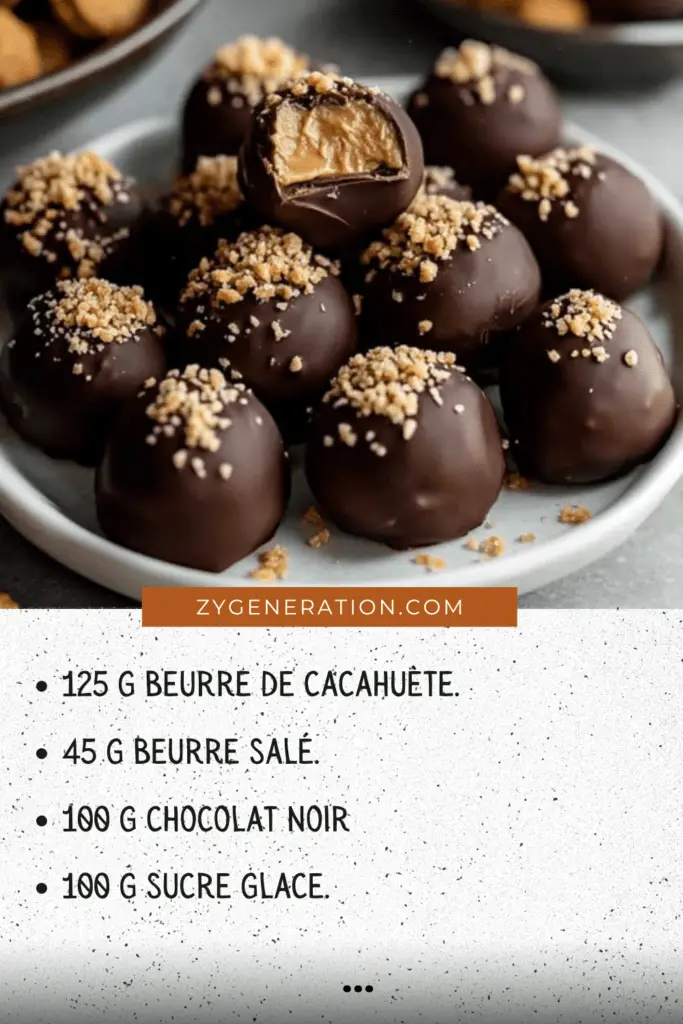 Un plateau élégant de boules de beurre de cacahuète enrobées de chocolat noir, parsemées de grains de sel et présentées sur un papier cuisson.