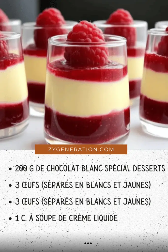 Verrine de mousse au chocolat blanc et à la framboise avec décoration de framboises fraîches et menthe