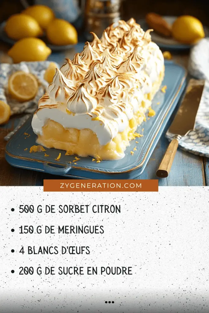 Bûche glacée citron meringuée, nappée d’une meringue dorée au chalumeau, présentée sur un plat élégant avec des zestes de citron en décoration.