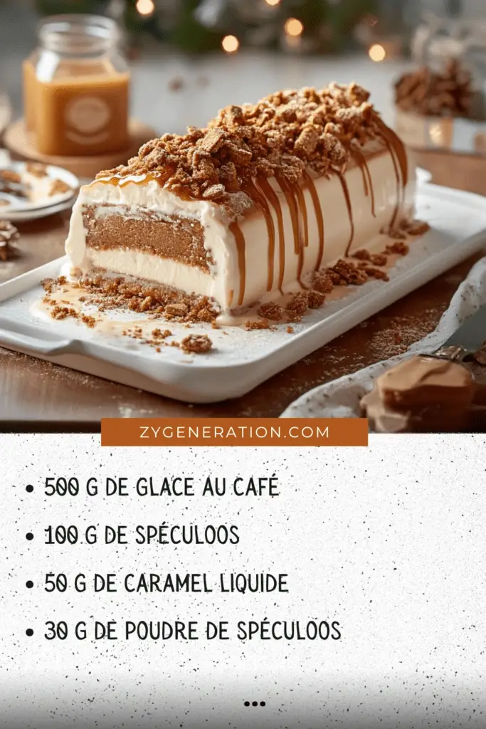 Bûche glacée café et spéculoos, nappée de caramel liquide et décorée de miettes de spéculoos, présentée sur un plat élégant avec une tasse de café en arrière-plan.