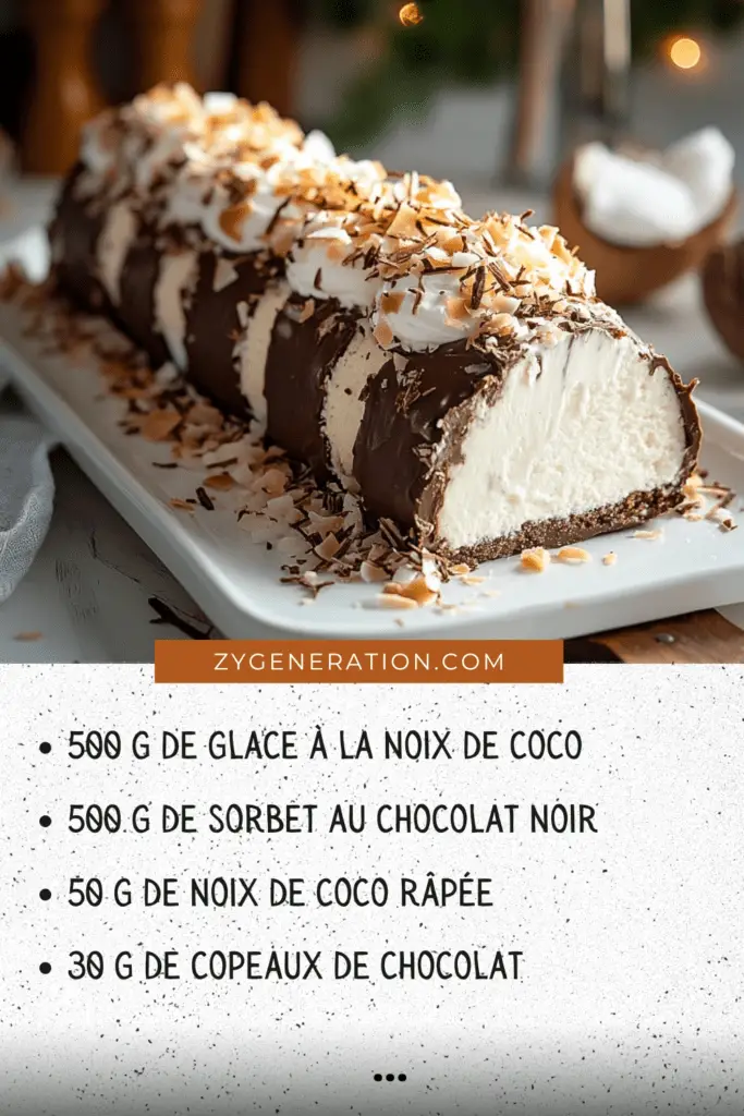 Bûche glacée coco et chocolat, décorée de noix de coco râpée grillée et de copeaux de chocolat, servie sur un plat élégant avec une touche tropicale.