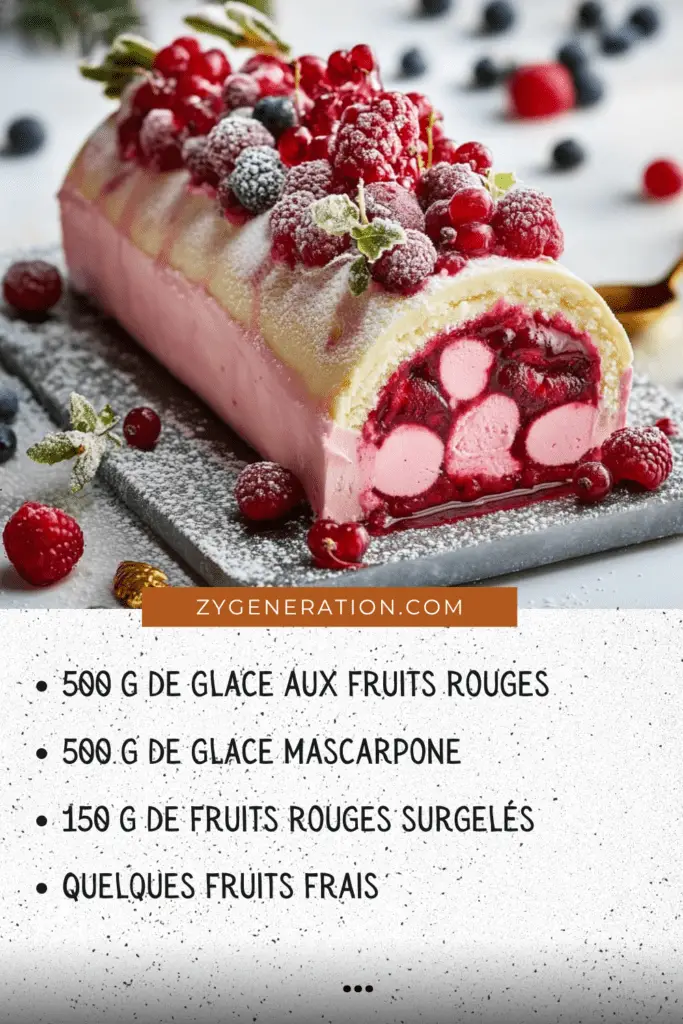 Bûche glacée aux fruits rouges et mascarpone, nappée de coulis de fruits rouges et garnie de fruits frais, présentée sur un plat blanc élégant.