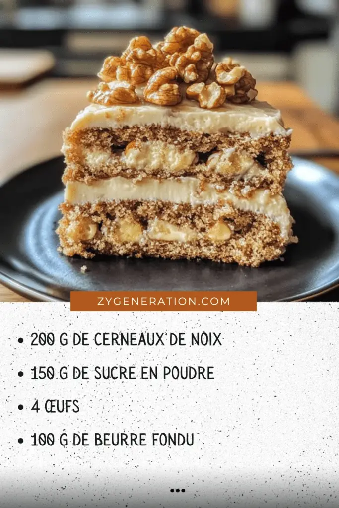 Une tranche appétissante de gâteau aux noix doré, saupoudrée de sucre glace, sur une assiette blanche avec des cerneaux de noix en décoration.