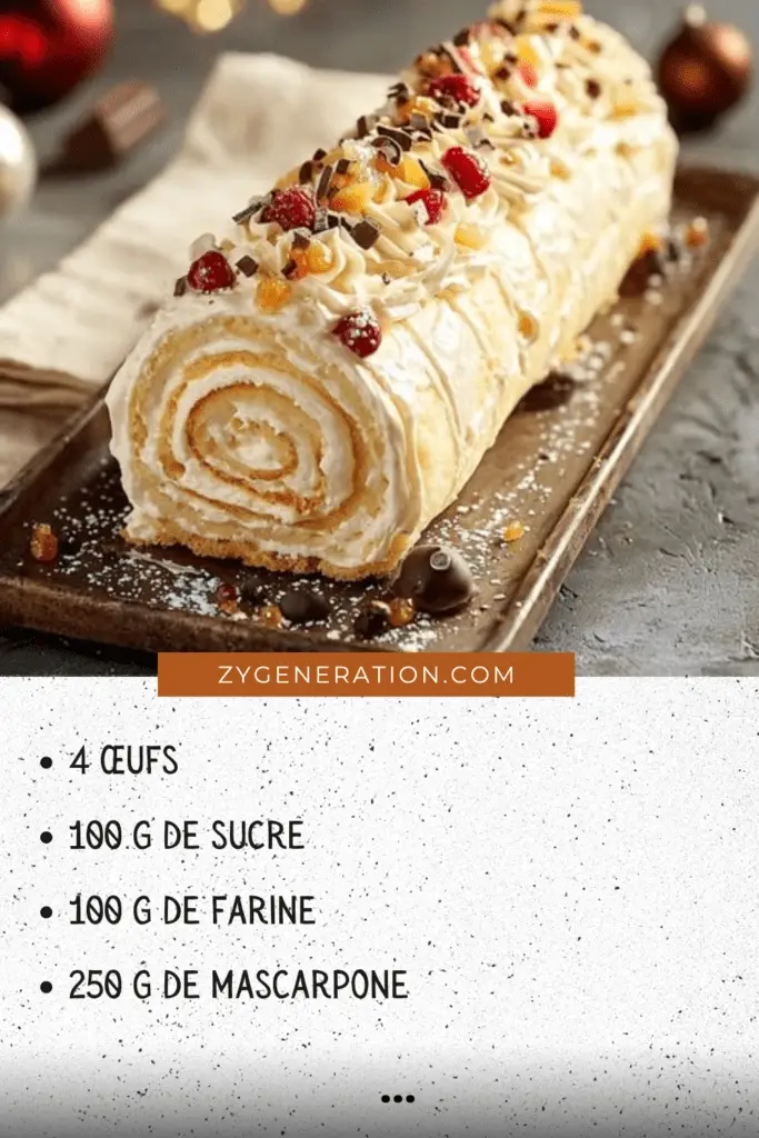 Une bûche au mascarpone et fruits rouges, joliment décorée avec des fruits frais et des copeaux de chocolat, sur une table festive.