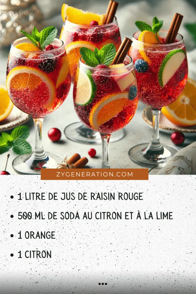 Un pichet de sangria sans alcool, rempli de fruits colorés et de glaçons, servi avec des verres décorés de feuilles de menthe fraîche.