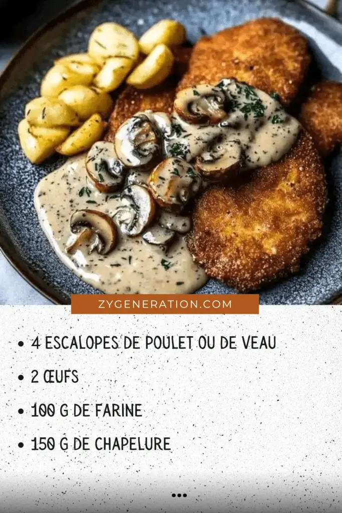 Escalope panée dorée servie avec une sauce aux champignons crémeuse et des spätzle, garnie de persil frais.