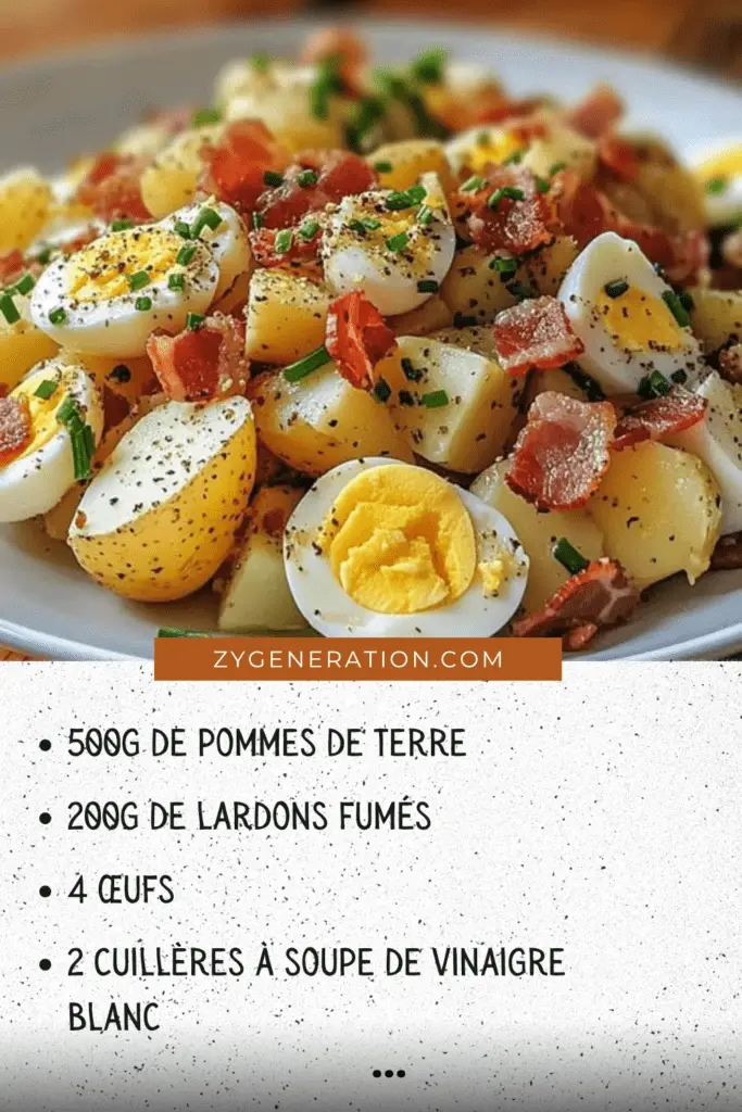 Une salade de pommes de terre garnie de lardons croustillants, d'œufs durs en quartiers et de ciboulette fraîche, servie dans un saladier rustique.