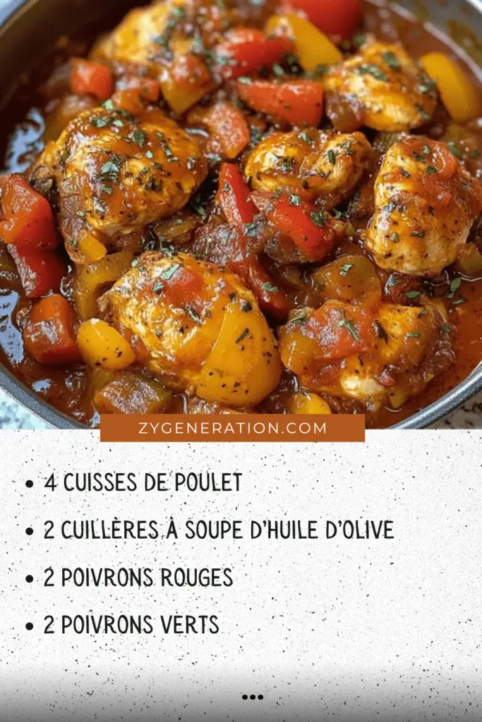 Un plat de Poulet Basquaise coloré, avec des morceaux de poulet doré, des poivrons rouges et verts, et une sauce onctueuse, servi avec du riz blanc.