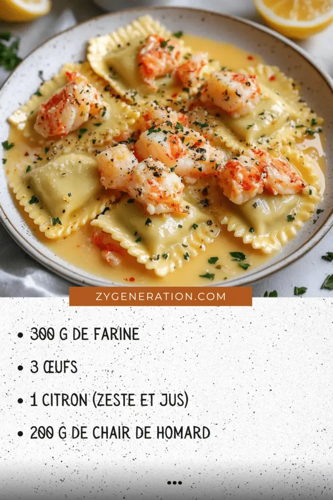 Raviolis au homard servis dans une sauce au beurre citronné, garnis de persil frais et de zestes de citron.