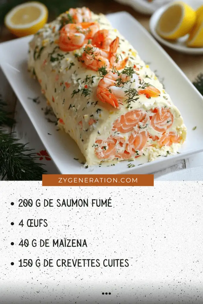 Une bûche de Noël salée élégante, garnie de saumon fumé, de crevettes et d'herbes fraîches, décorée pour un repas festif.