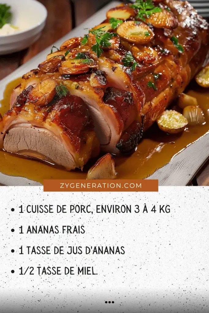 Une cuisse de porc juteuse et dorée, accompagnée de tranches d’ananas grillées et d’oignons caramélisés, prête à être servie.