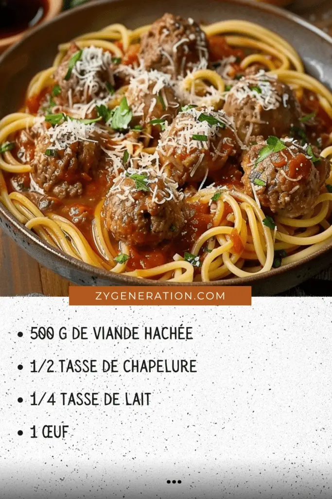 Un plat appétissant de spaghettis, nappé de sauce tomate riche et garni de boulettes de viande dorées, parsemé de parmesan frais.