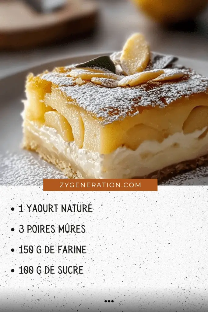 Un gâteau doré au yaourt, garni de poires juteuses et parsemé d’amandes, idéal pour une pause gourmande.