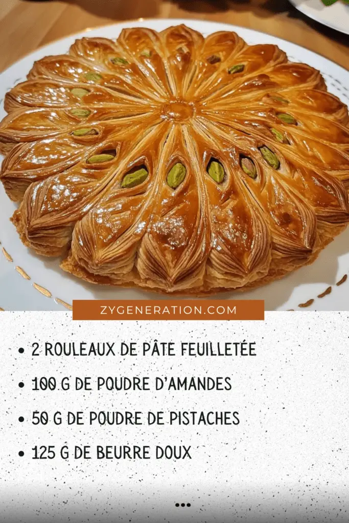 Une galette des rois dorée, garnie de crème de pistache onctueuse, décorée de pistaches concassées et saupoudrée de sucre glace.