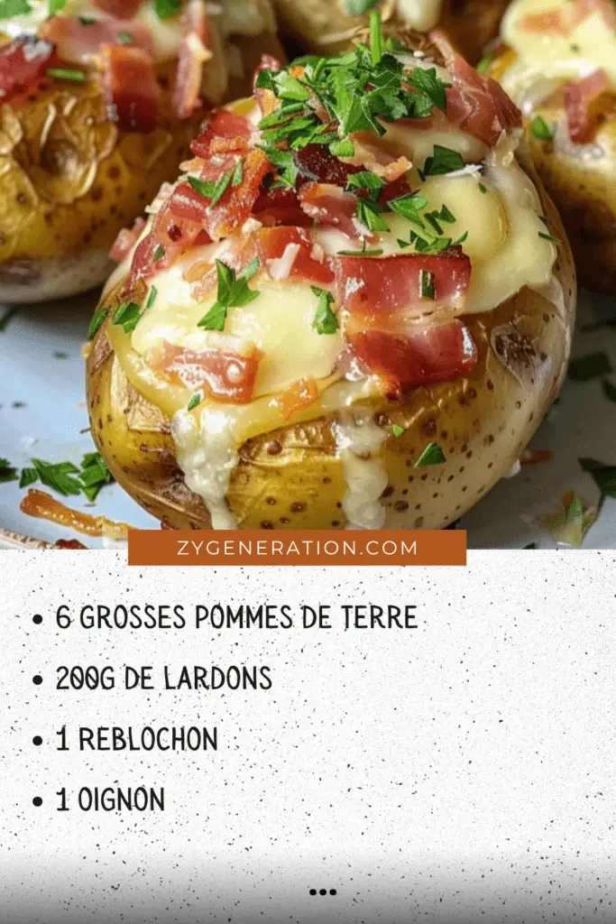 Des pommes de terre farcies, garnies de lardons, recouvertes de fromage reblochon fondu, servies dans un plat rustique.