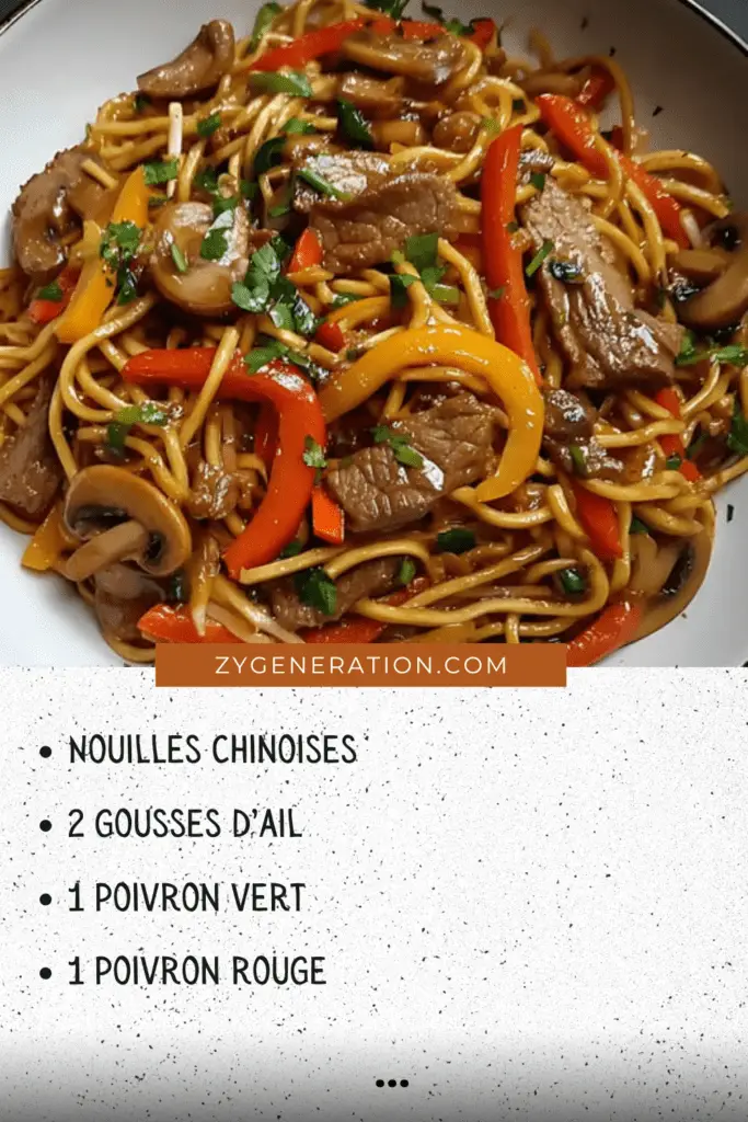 Un wok rempli de nouilles chinoises, lamelles de bœuf juteuses, légumes colorés, et coriandre fraîche, prêt à être dégusté.