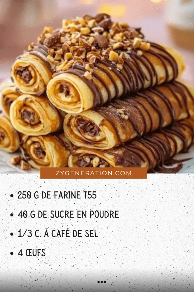 Une assiette de crêpes dorées et roulées, garnies de pâte à tartiner au chocolat, décorées de pralin et de noisettes torréfiées, prêtes à être dégustées.