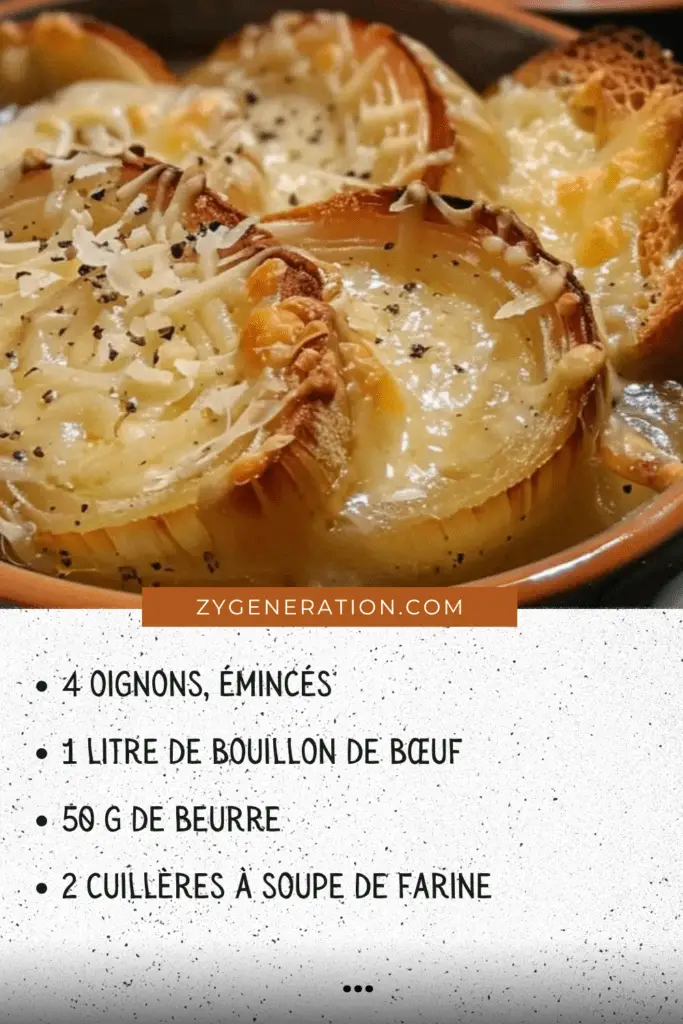 Soupe à l’Oignon dorée et gratinée avec pain et fromage fondu