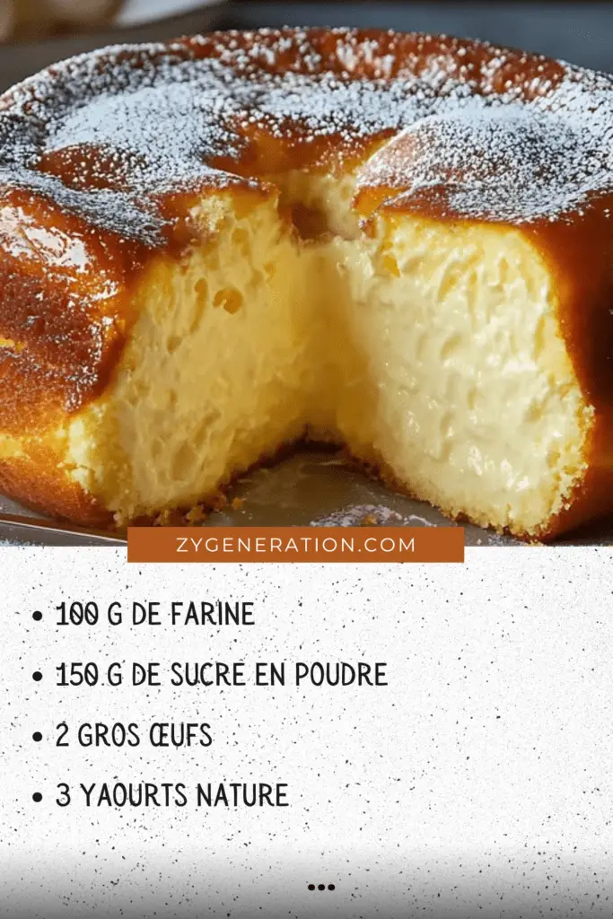 Gâteau crémeux avec 3 yaourts et 2 œufs doré et moelleux, tranché et servi sur une assiette
