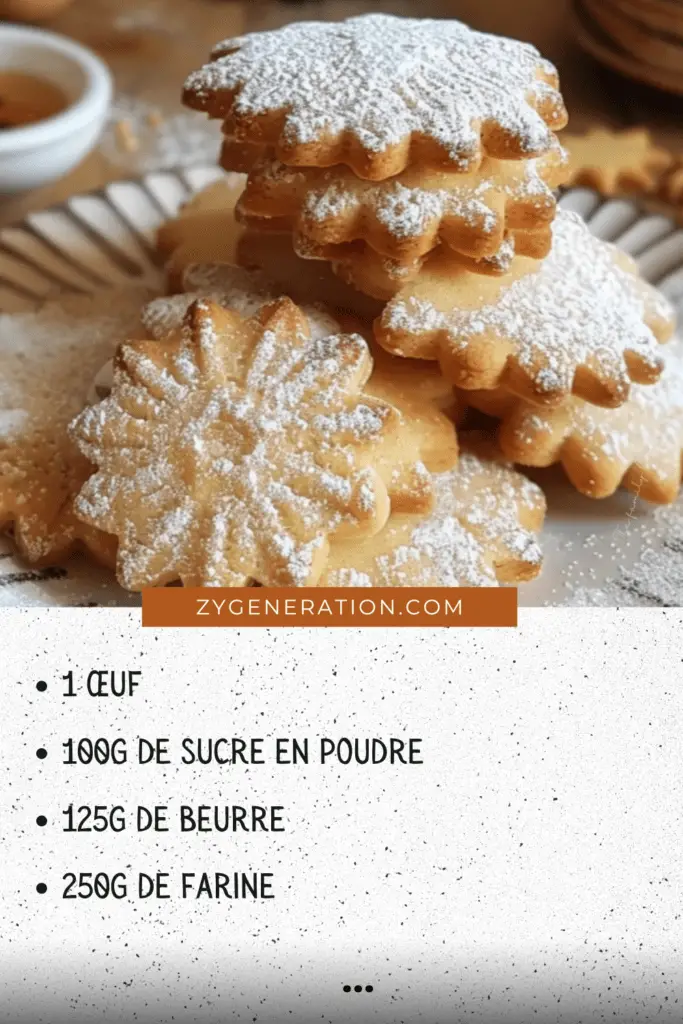 Une assiette de sablés maison dorés, saupoudrés de sucre glace, présentée sur une table avec des emporte-pièces et une tasse de thé.