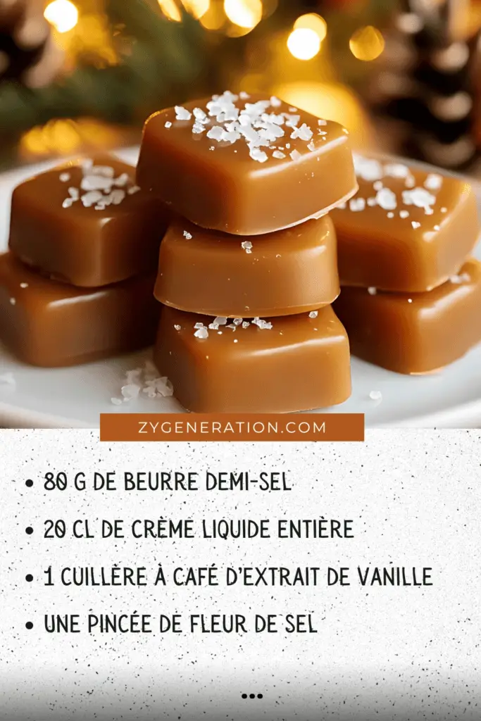 Carrés de caramels mous au beurre salé avec une pincée de fleur de sel, présentés dans un joli papier