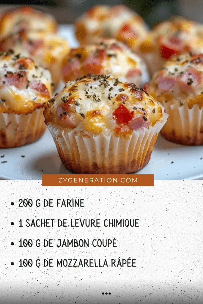 Muffins salés dorés, garnis de jambon et mozzarella, présentés sur une assiette avec une salade verte.