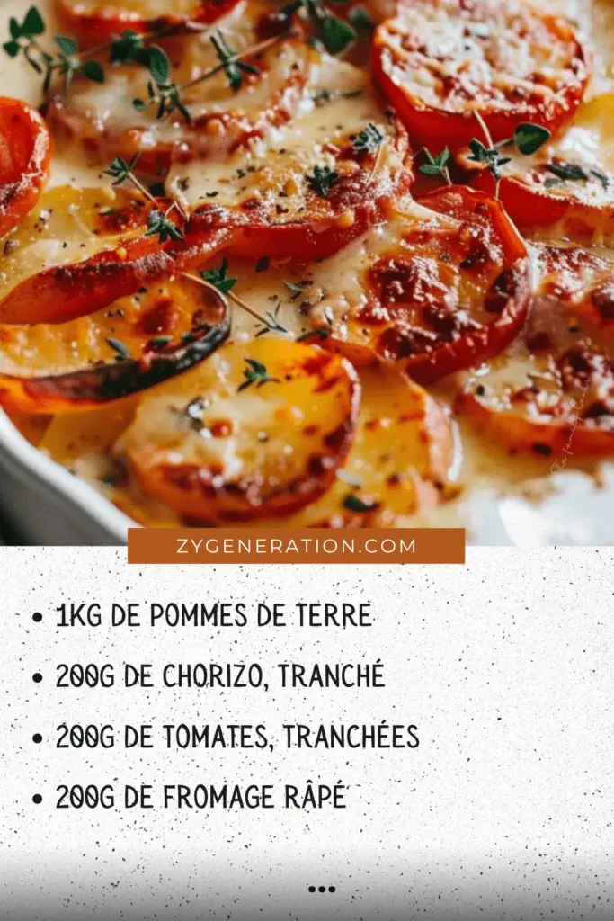 Un gratin de pommes de terre au chorizo et à la béchamel, doré et fumant, servi dans un plat en céramique avec une cuillère.