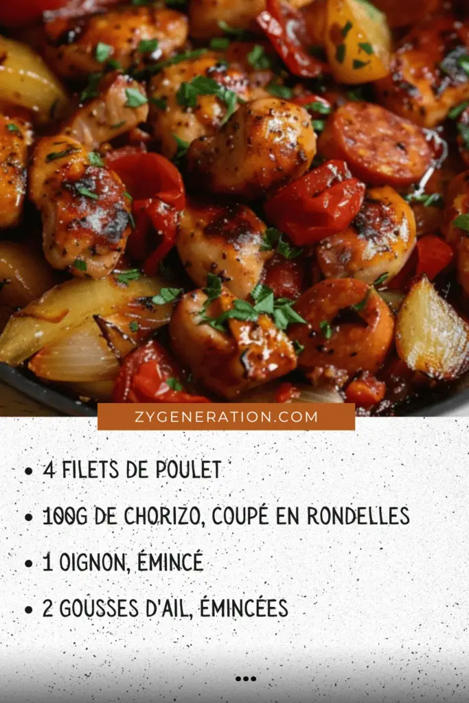 Plat de poulet sauté au chorizo, garni de poivrons et de sauce tomate, servi avec du riz blanc fumant.