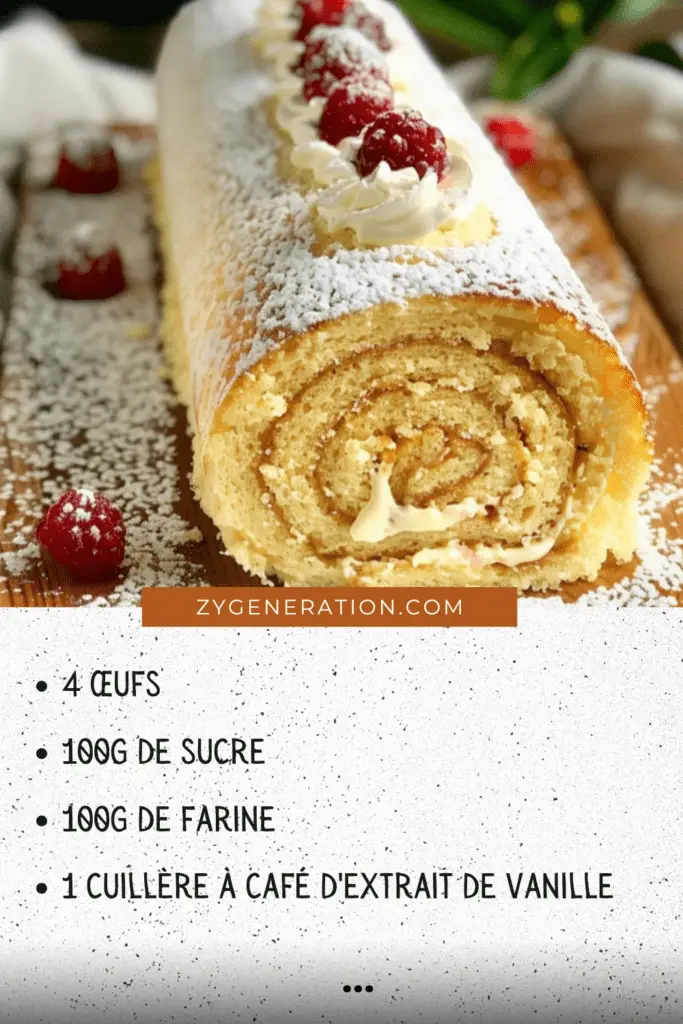 Gâteau roulé à la confiture, joliment présenté sur une assiette, saupoudré de sucre glace et garni de crème fouettée.